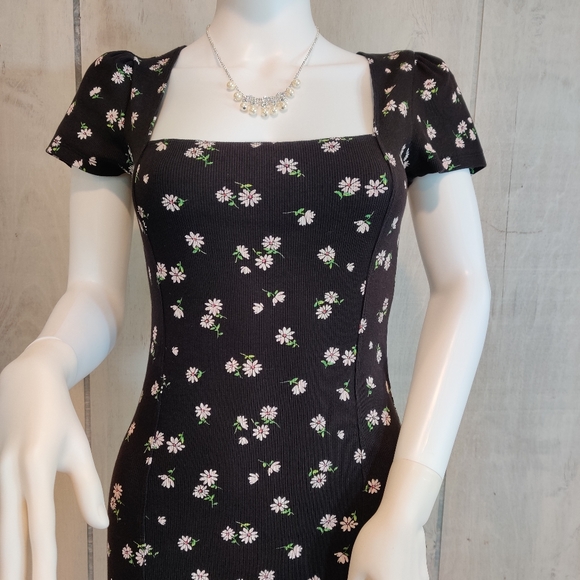 Forever 21 Blk Floral Ribbed Bodycon Dress Size M - Picture 2 of 12